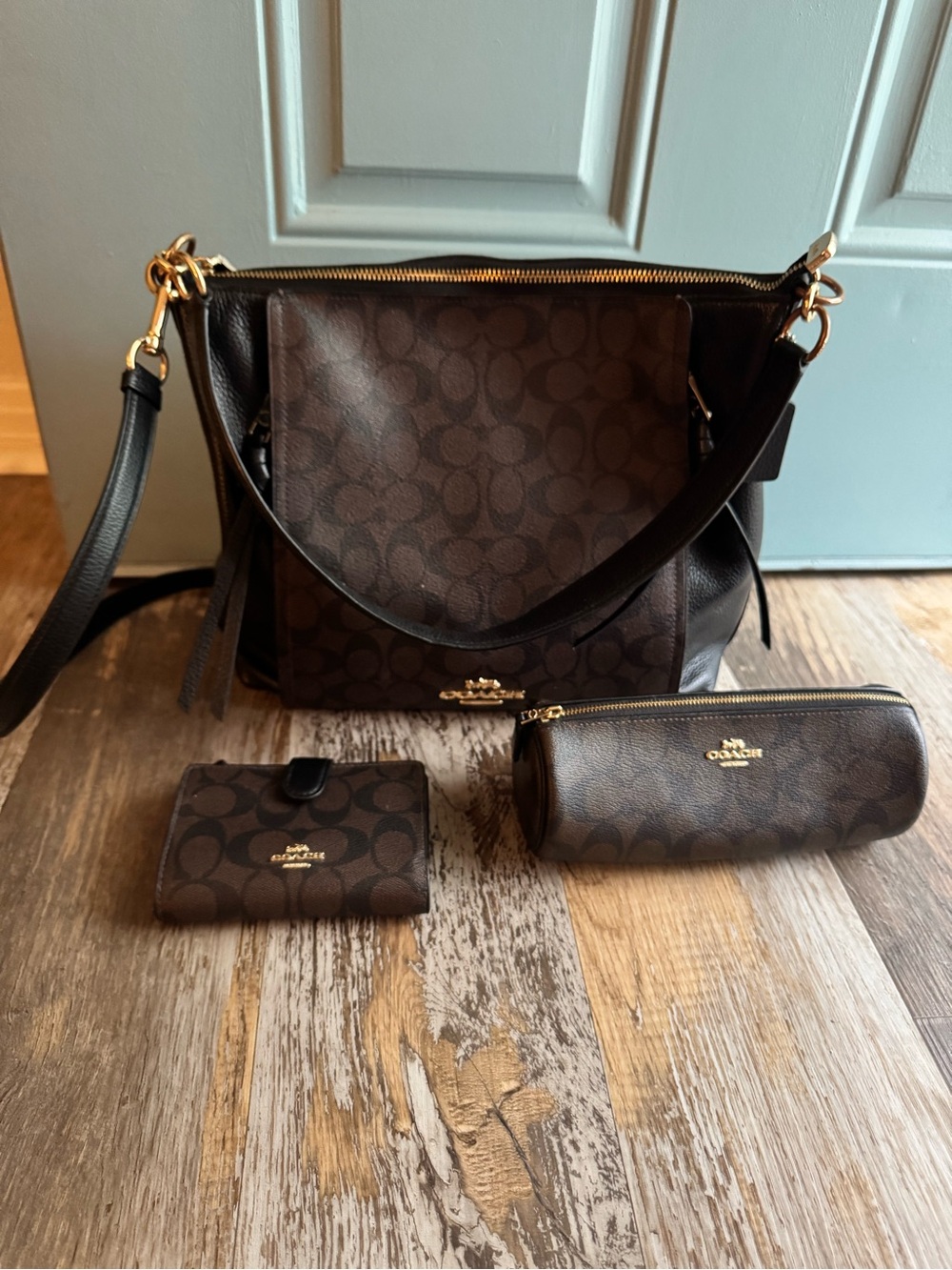 Coach Dark Brown Signature Canvas Shoulder Bag with Wallet & Pouch